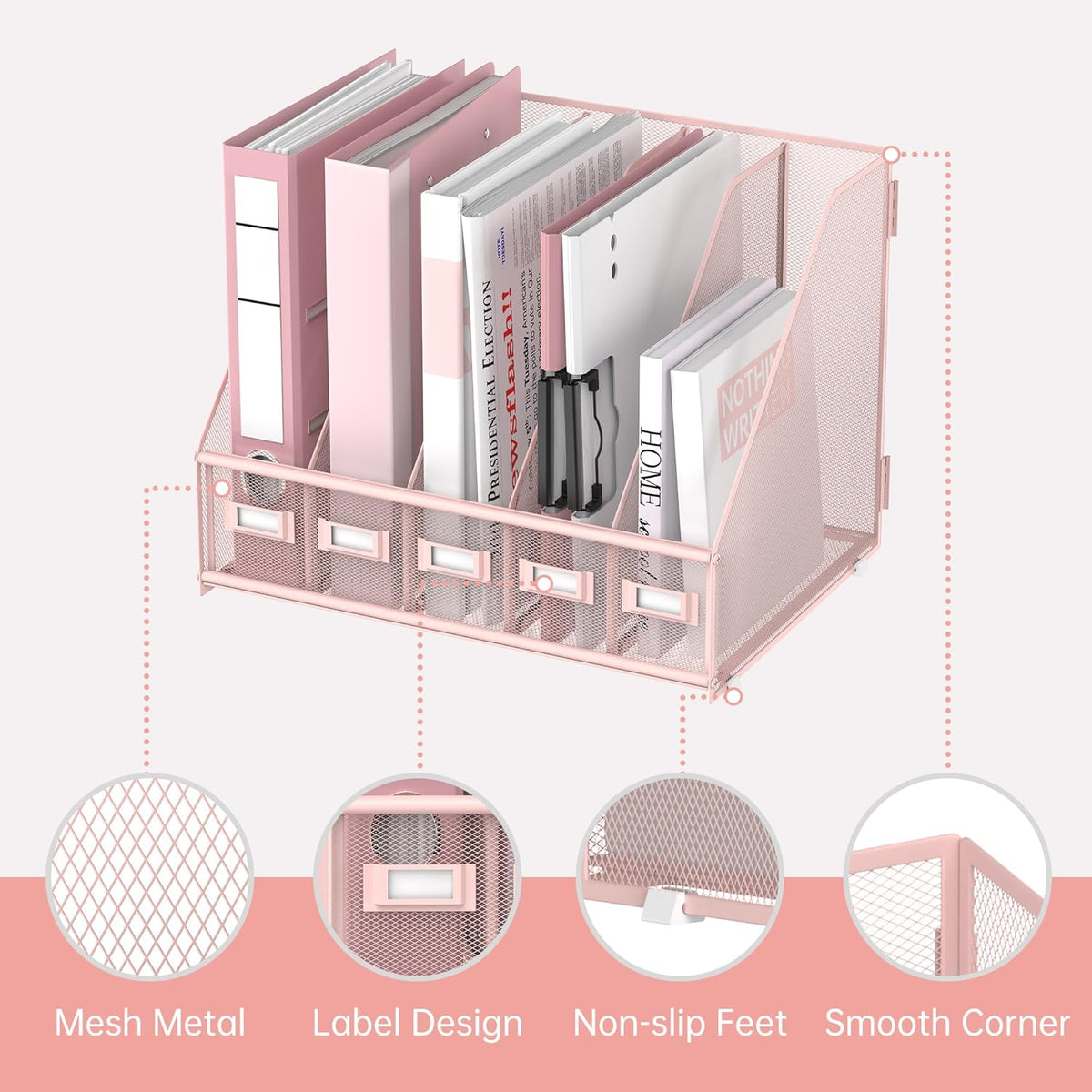 SUPEASY Desk Organizers Metal Desk Magazine File Holder with 5 Vertical Compartments Rack File Organizer for Office Desktop, Classroom, Home Workspace, Pink Plus