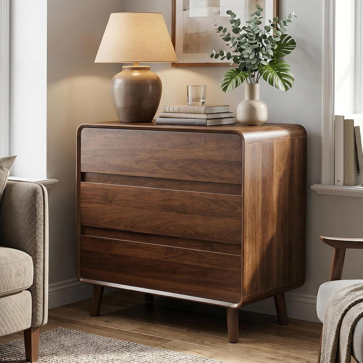 Nasonet 3 Drawer Dresser for Bedroom, Mid Century Modern Chest of Drawers, Curved Dresser with Storage Drawer, Wooden Bedroom Furniture Drawer for Closet, Home Office, Walnut