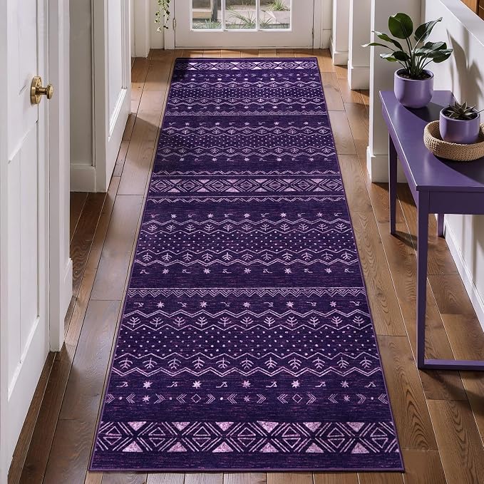 SERISSA 2x6 Kitchen Runner Rug, Washable Non-Slip Purple and White Boho Rug