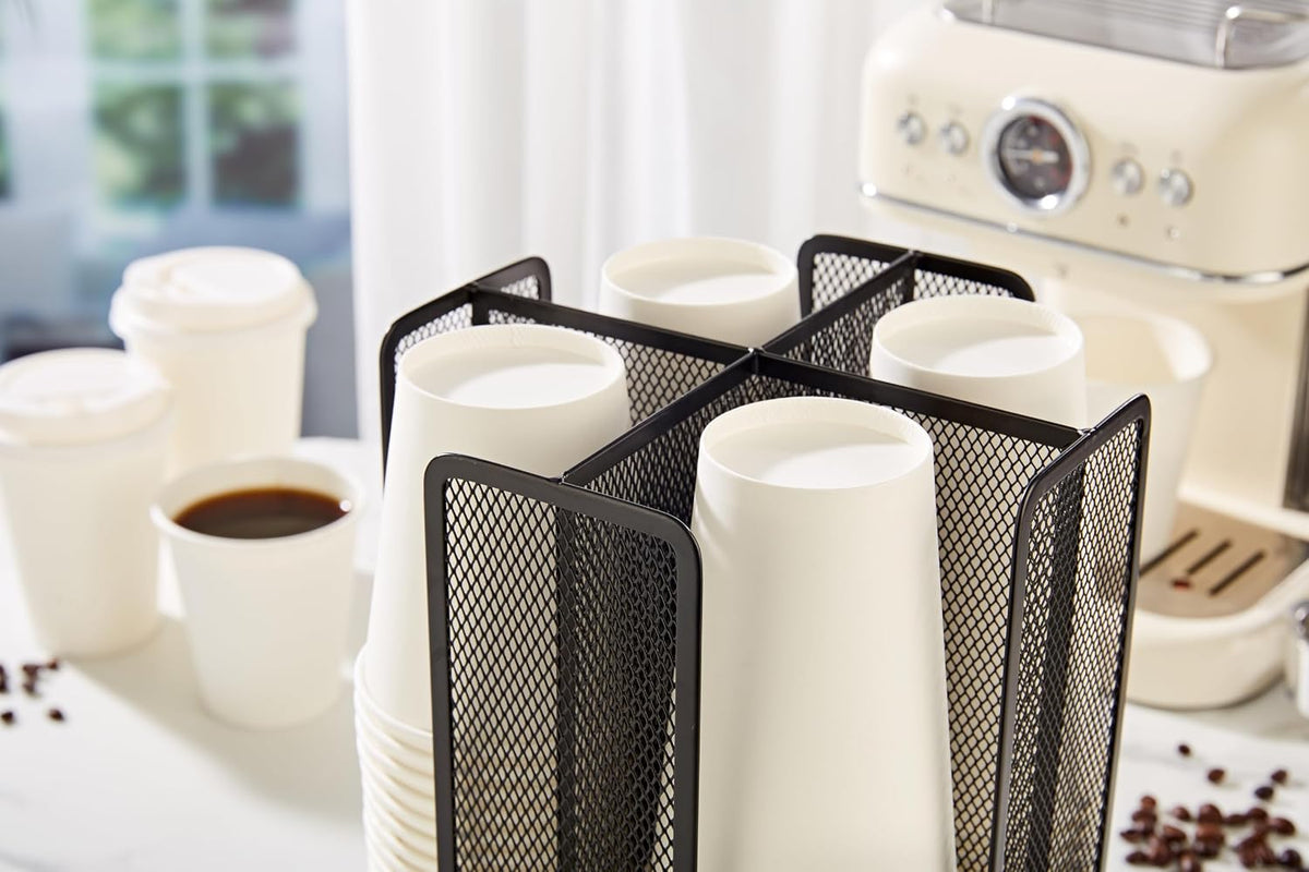 Annova Paper/Plastic Cup and Lid Holder Plastic Storage Organizer, 360°Rotating Coffee Mup Dispenser with 4 Compartments, Multifunctional Storage Rack for Home, Office, Bar, Coffee Shop (Black)