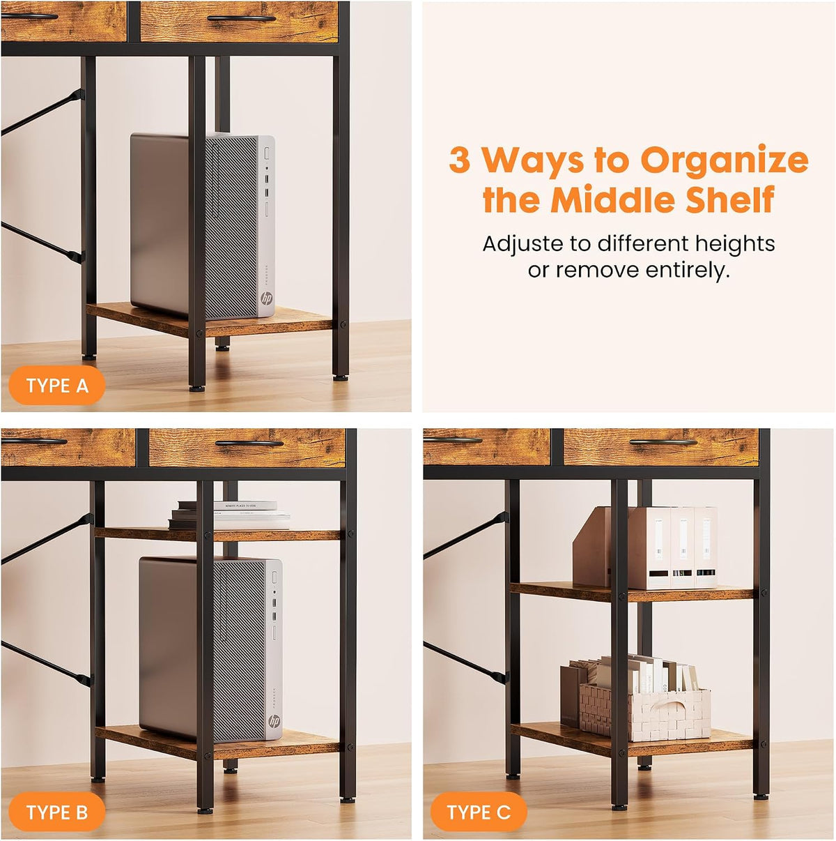Sweetcrispy 55" Computer Desk with 6 Fabric Drawers & Storage Shelves