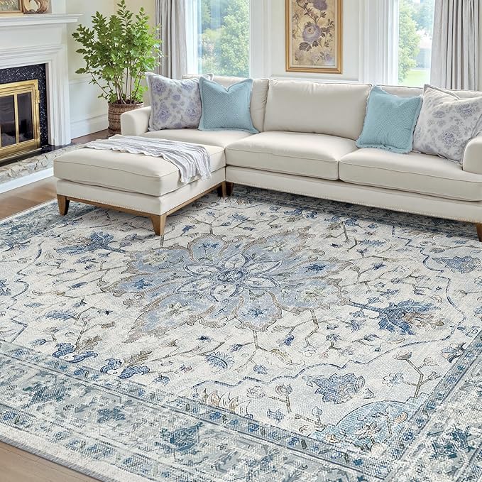 RELEANY Area Rugs 7'x10' Washable Non-Slip, Floral Vintage Distress Medallion