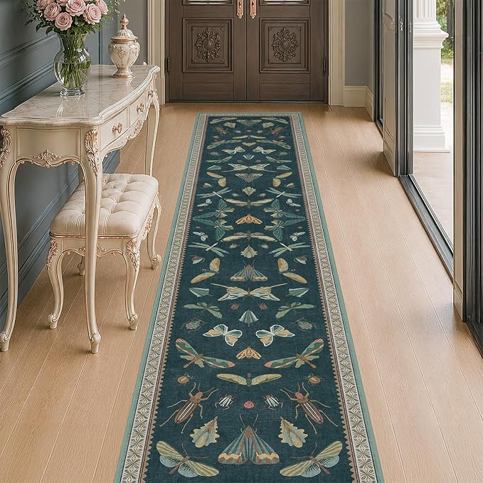 Hazo Haus 2x10 Hallway Runner Rug, Washable Foldable Green Boho Carpet