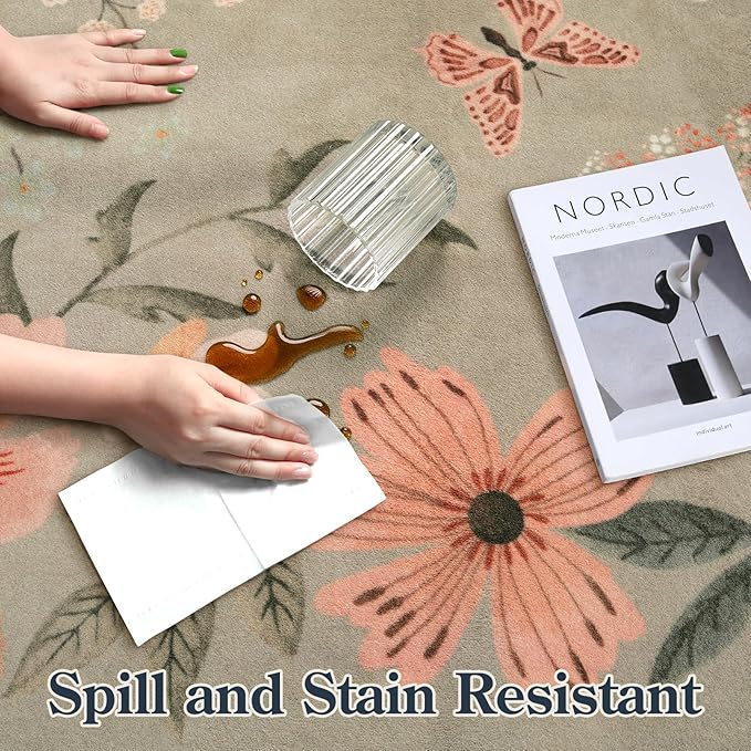 Lahome Floral Washable Rugs for Living Room, 5x7 Area Rugs Soft Non-Slip Stain