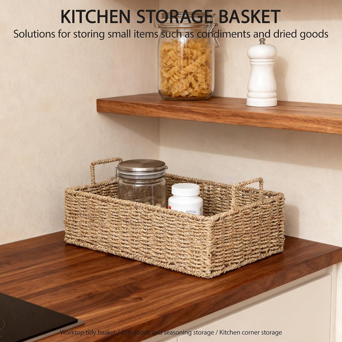Woven Seagrass Wicker Storage Basket Set of 2 with Wooden Lids