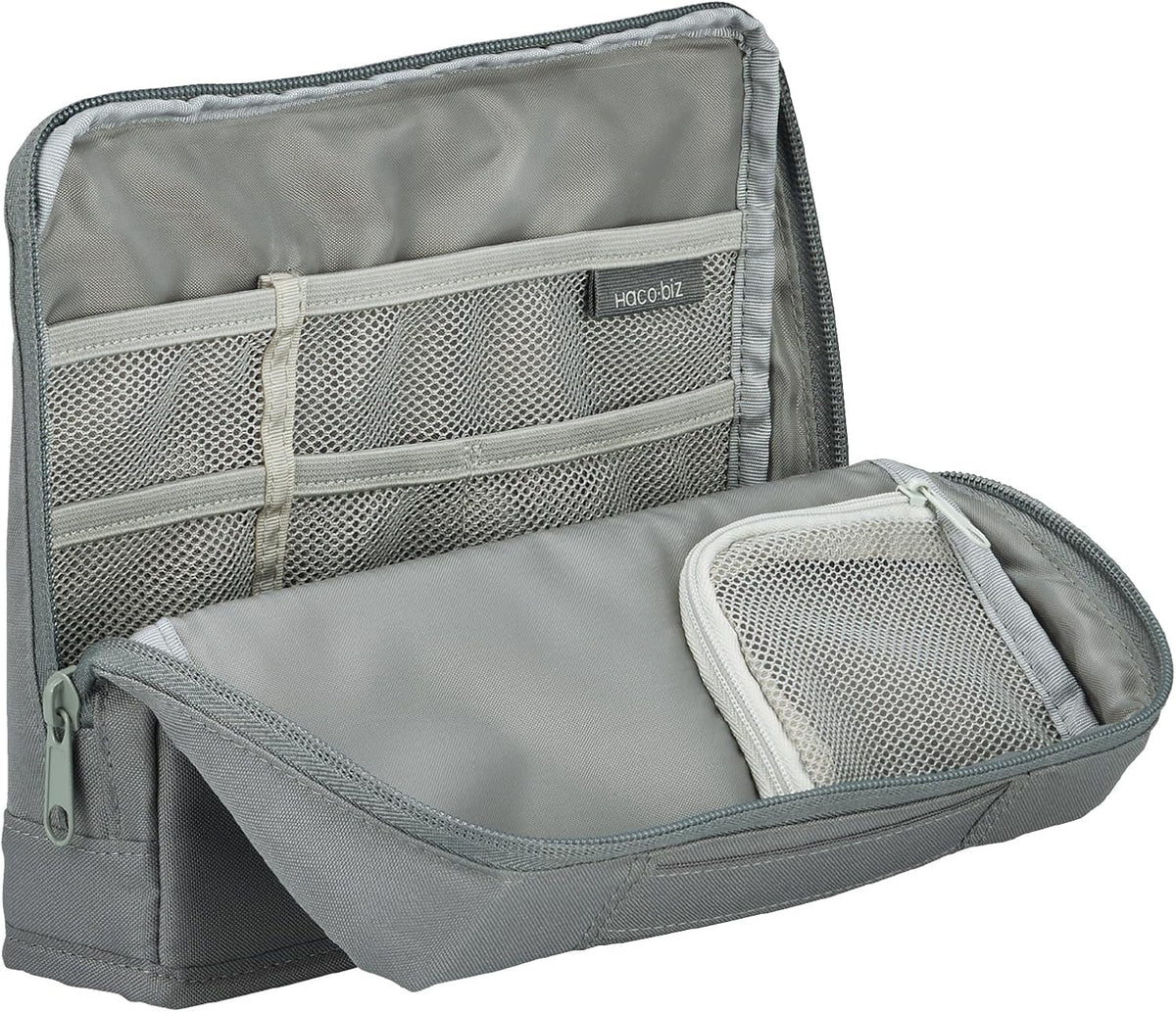KOKUYO Pencil Case Pouch, Haco-Biz Standing Pen Pouch Bag, Foldable Stand up Pencil Holder Organizer, Large Capacity Portable Pencil Box for Office Supplies, Gray