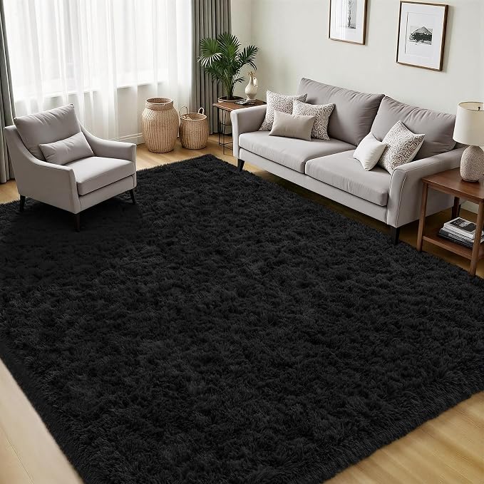 Area Rug for Living Room Bedroom: 5x7 Black Soft Fluffy Shag Upgrade Non-Slip