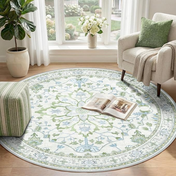 RELEANY Area Rugs Round 4ft Washable Non-Slip, Floral Vintage Distress