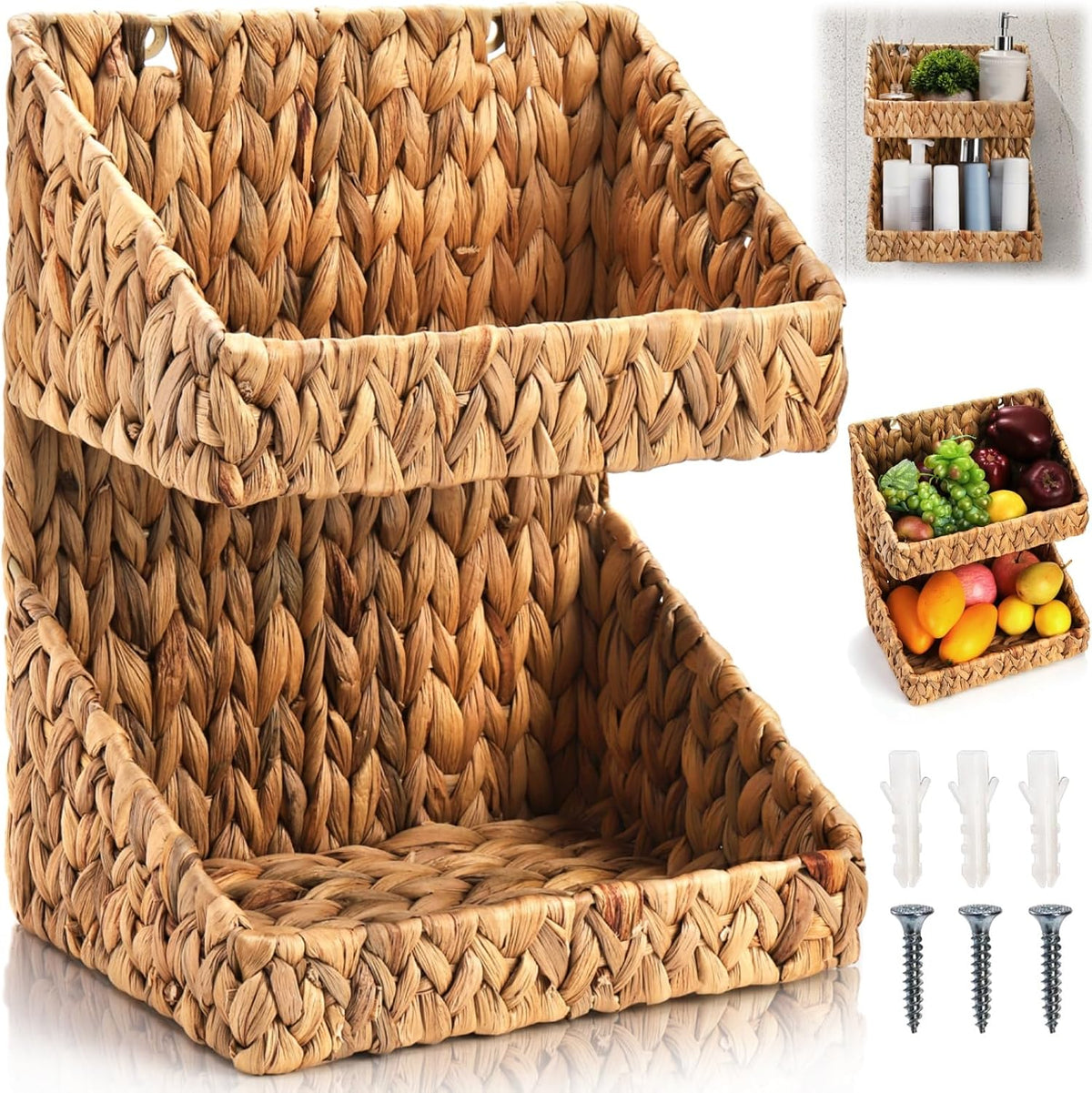 Pumtus 2-tier Handwoven Storage Basket, Water Hyacinth Standing Rack, Kitchen Countertop Organizer, Hanging Bathroom Basket, Fruit Vegetable Holder, Storage Shelf for Home Organization
