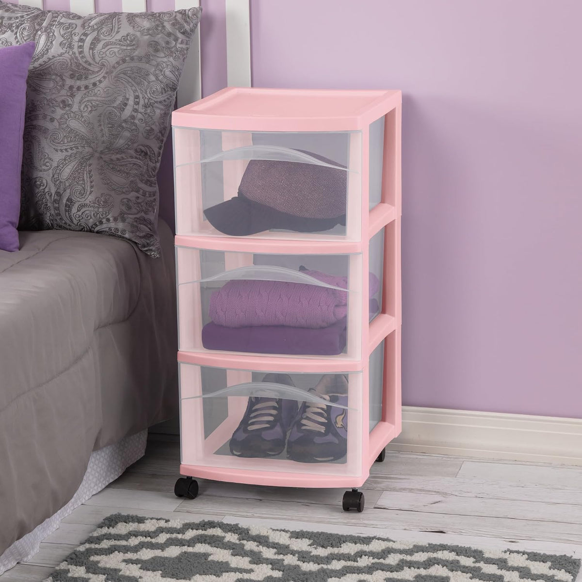 Sterilite 3-Drawer Cart with Wheels for Bedroom and Dresser, 8-Pack