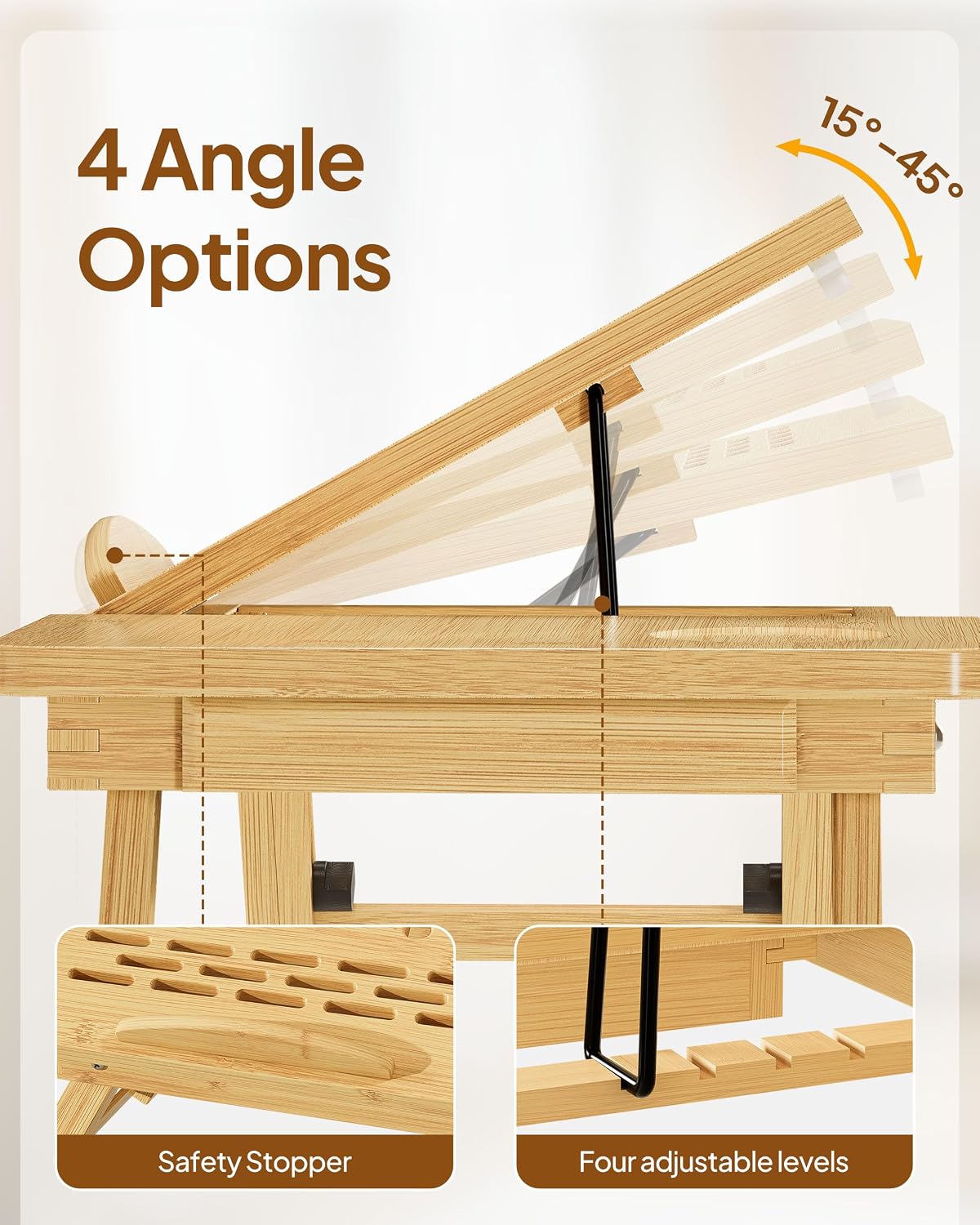Bamboo Lap Desk, Adjustable Bed Desk with 4 Angle Options & Folding Design