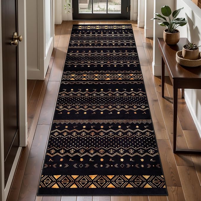 SERISSA 2x6 Kitchen Runner Rug, Washable Non-Slip Black and Gold Boho Rug