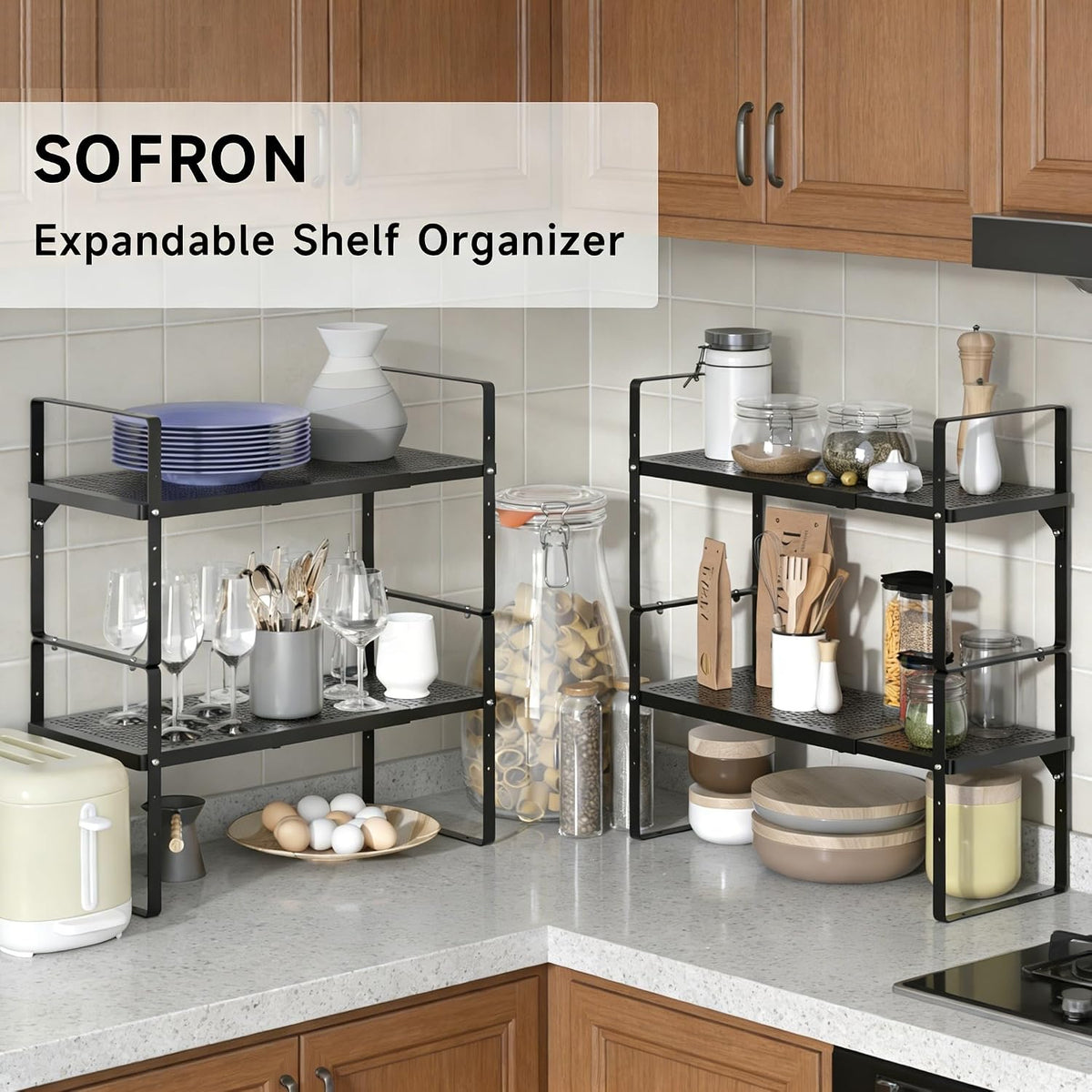 Expandable Storage Shelf, Stackable Organizer Rack, Black Small 2 PK