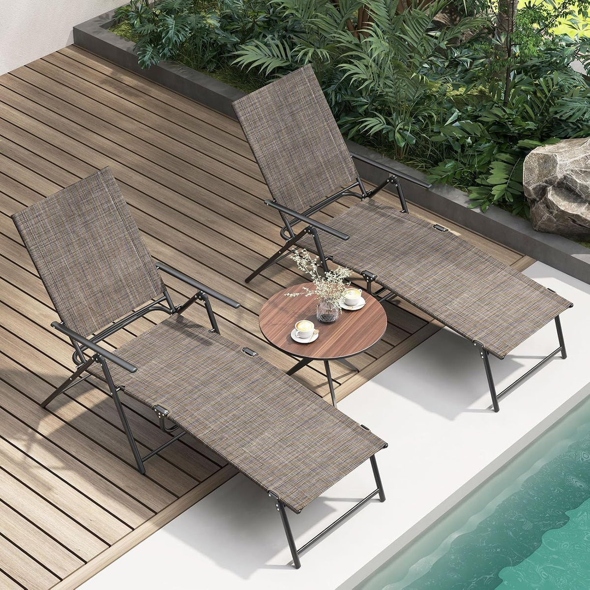 GIANTEX Lounge Chair Outdoor Set of 2 - Tanning Chair with 6 Adjustable Backrest, 2-Level Footrest, Folding Sunbathing Lounger for Patio, Poolside, Yard, Chaise Lounge Chair, Beach Chair (Brown)