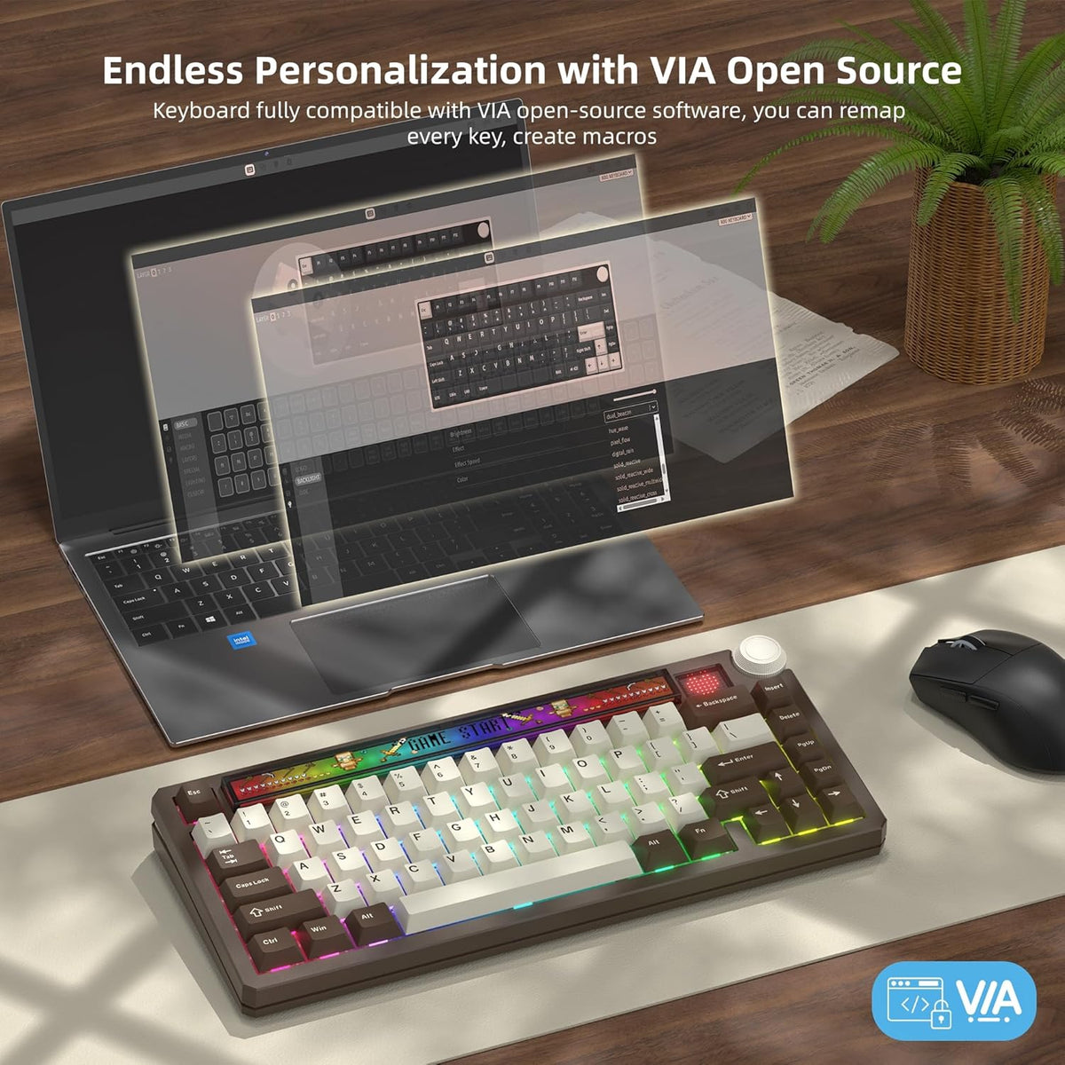 Womier 75% Wireless Mechanical Keyboard with Screen, Brown Keyboard-K80