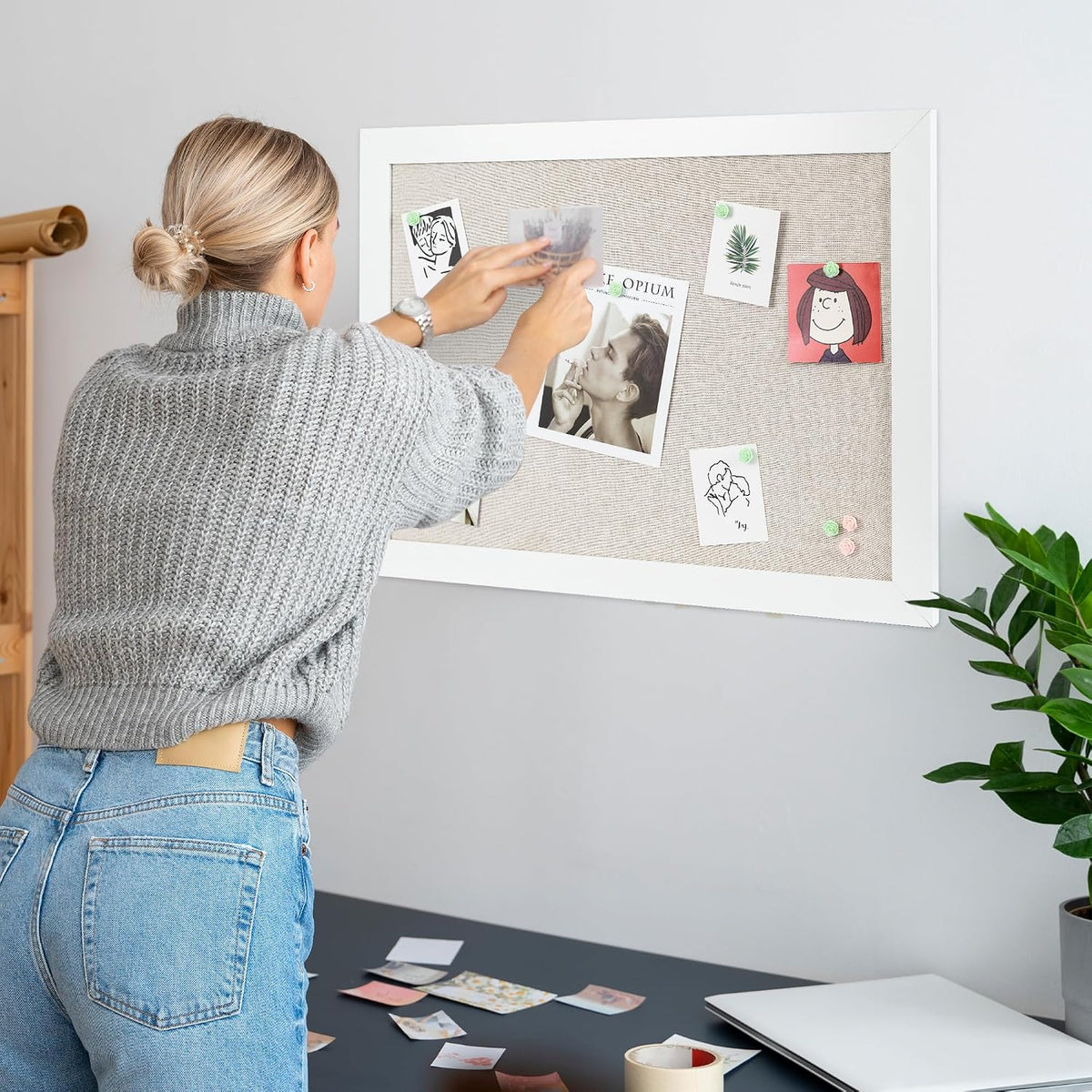 White Cork Board Bulletin Board with Linen, Wood Framed 30" x 20" Corkboard, Office Board for Wall Decor, Wall Mounted Pin Board Picture Board with 20 Pushpins for School, Home & Office
