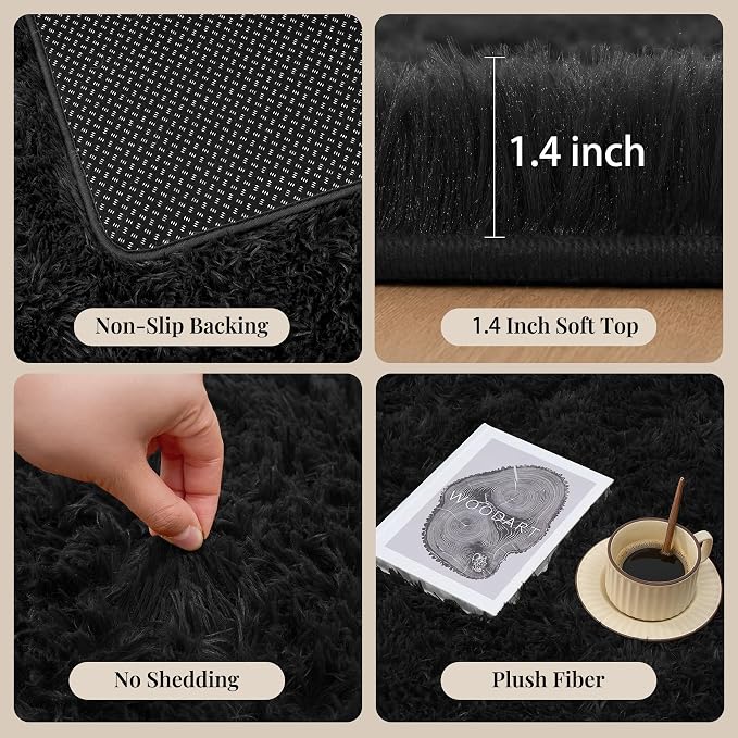 8x10 Area Rugs for Living Room Bedroom: Soft Fluffy Black Shag Upgrade Non-Slip