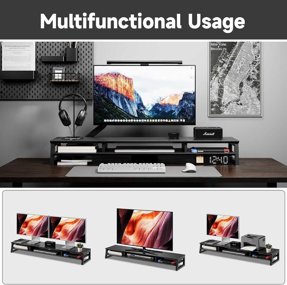 Dual Monitor Stand Riser for Desk, 41.7 Inch Large 2 Tier Computer Monitor Stand for 2 Monitors, Desktop Storage Organizer Shelf with Keyboard Space for Laptop PC Printer, Black
