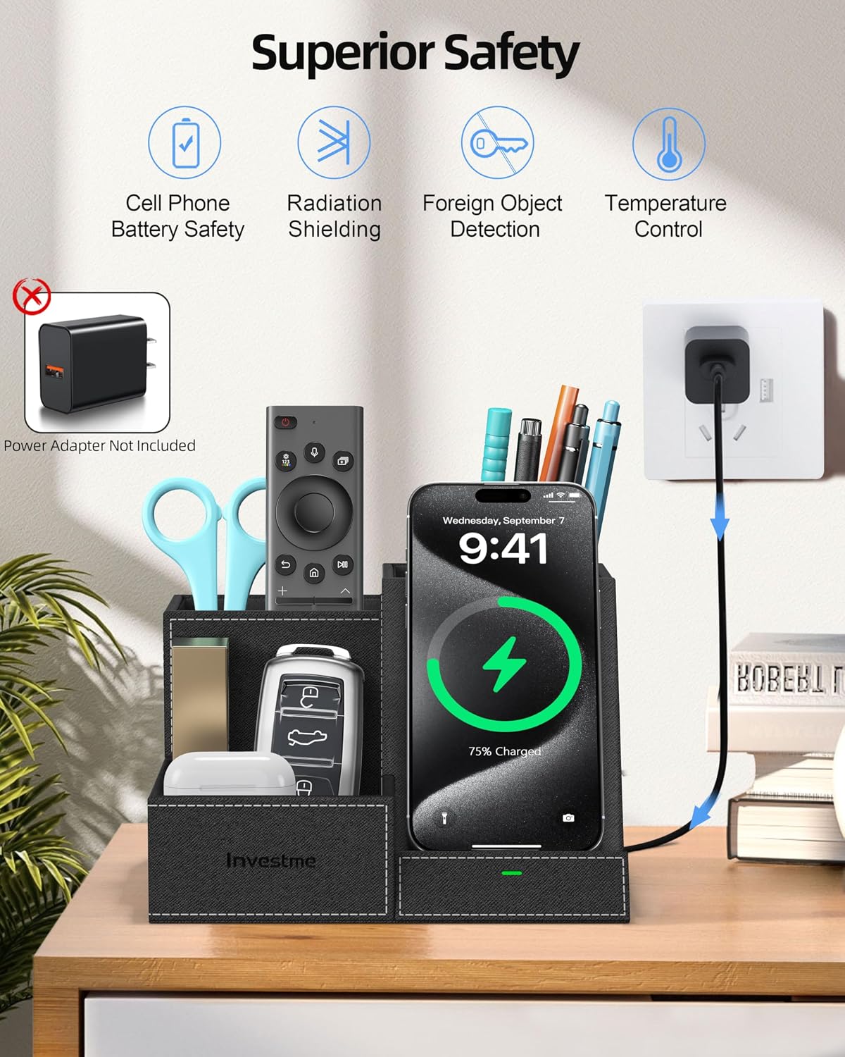 Wireless Charger with Desk Organizer, 3 Compartments and 1 Phone Stand