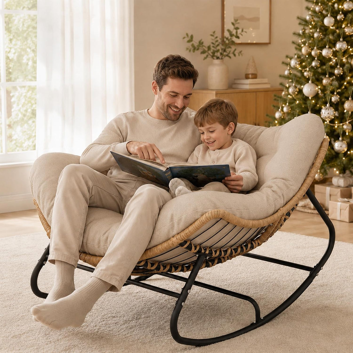 SWITTE Papasan Rocking Chair, Outdoor Wicker Egg Rocker with Cushion, Ivory