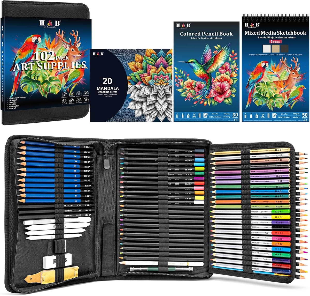 H & B 101PCS Sketching Kit Art Supplies for Adults with 3 Books & Zip Case