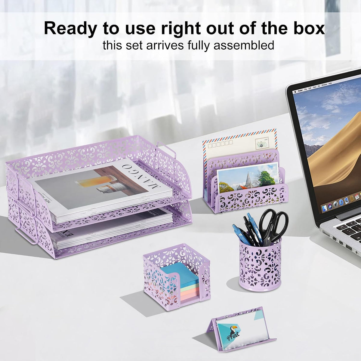 EasyPAG Desk Organizers and Accessories 5 Pieces Office Supplies Set - 2 Tier Paper Tray, Pencil Organizer for Desk, Mail Sorter Countertop, Business Card Holder and Sticky Note Holder, Purple