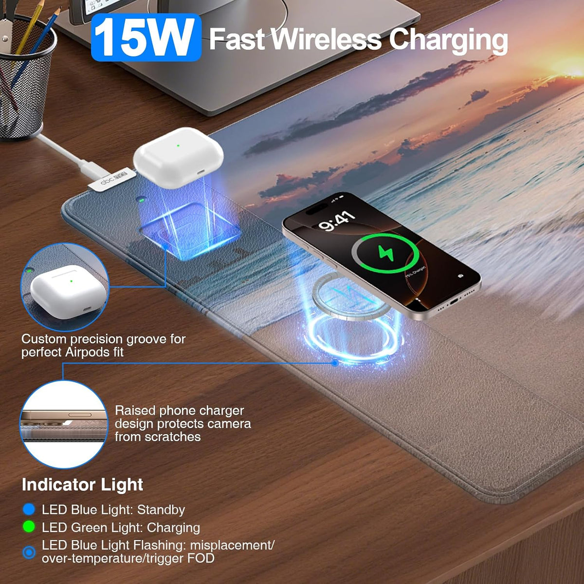 Beach Sunset Mouse Pad with Dual Wireless Charging, 31.5" x 15.8"