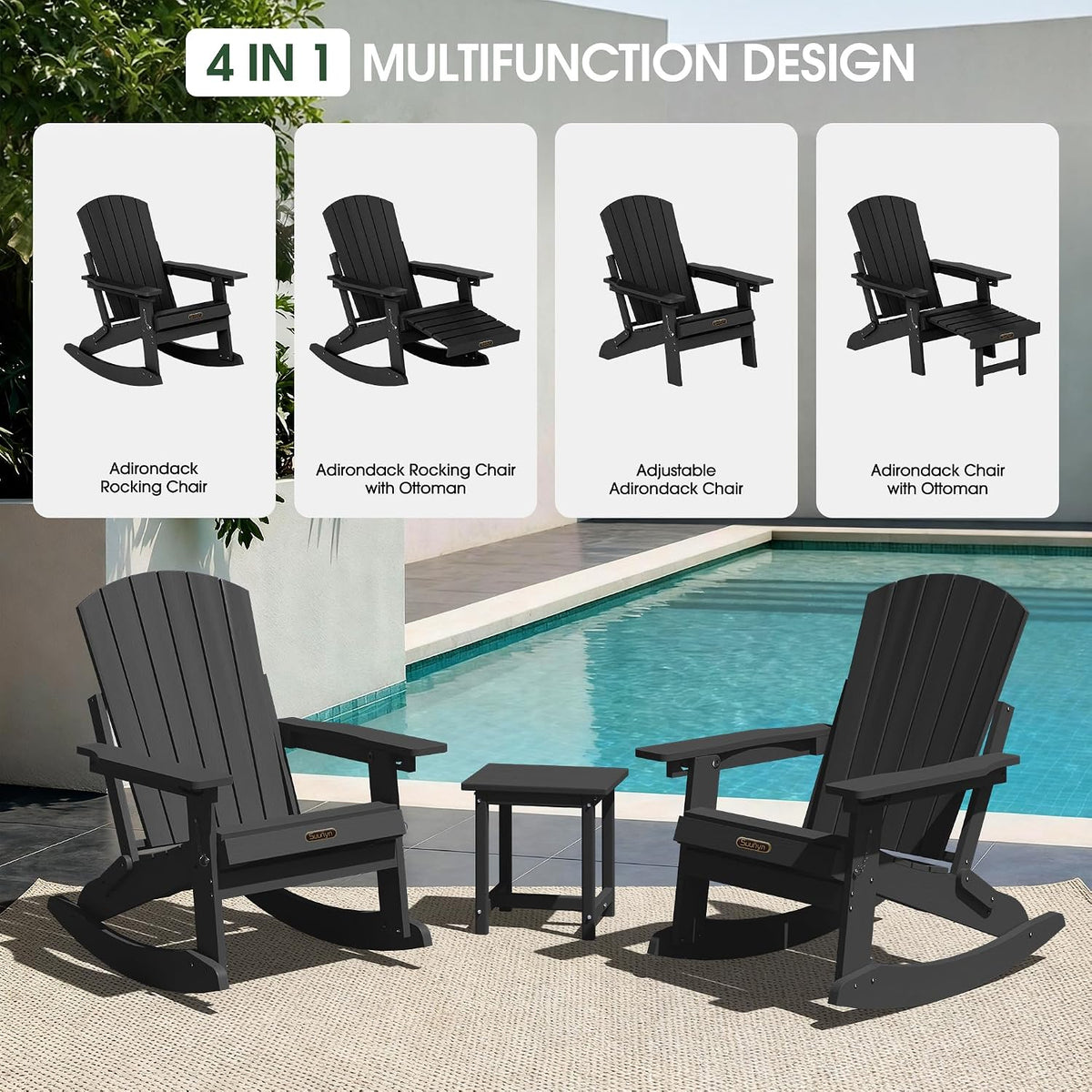 4-in-1 Rocking Adirondack Chair with Footrest, HDPE, Black