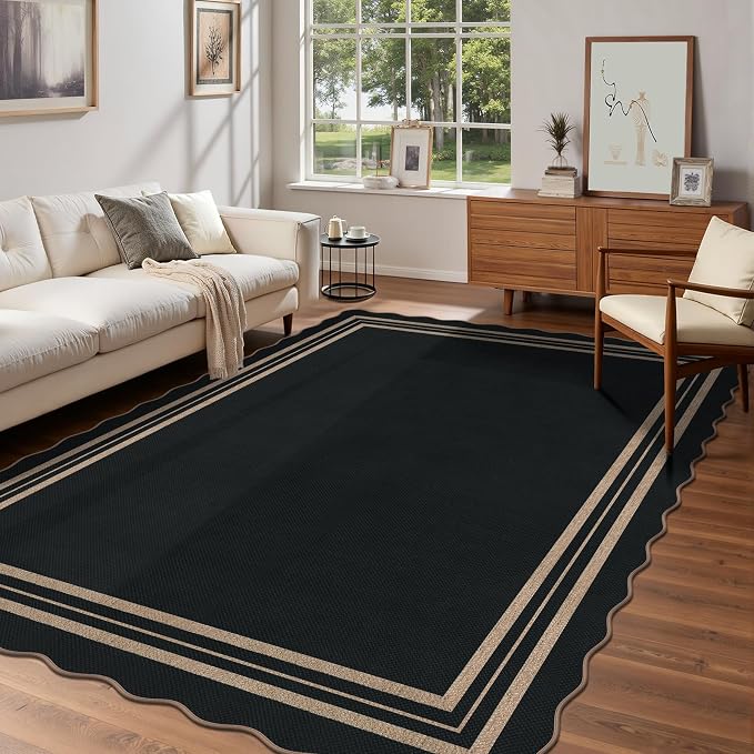 Scalloped Easy Jute Outdoor 8x10 Area Rug, Washable Outdoor Patio Rug,