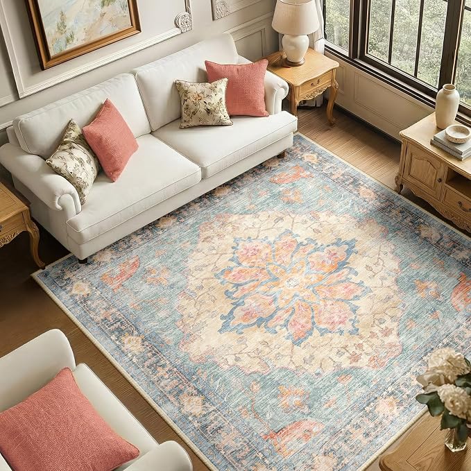 RELEANY Area Rugs Square 6ft Washable Non-Slip, Floral Vintage Distress