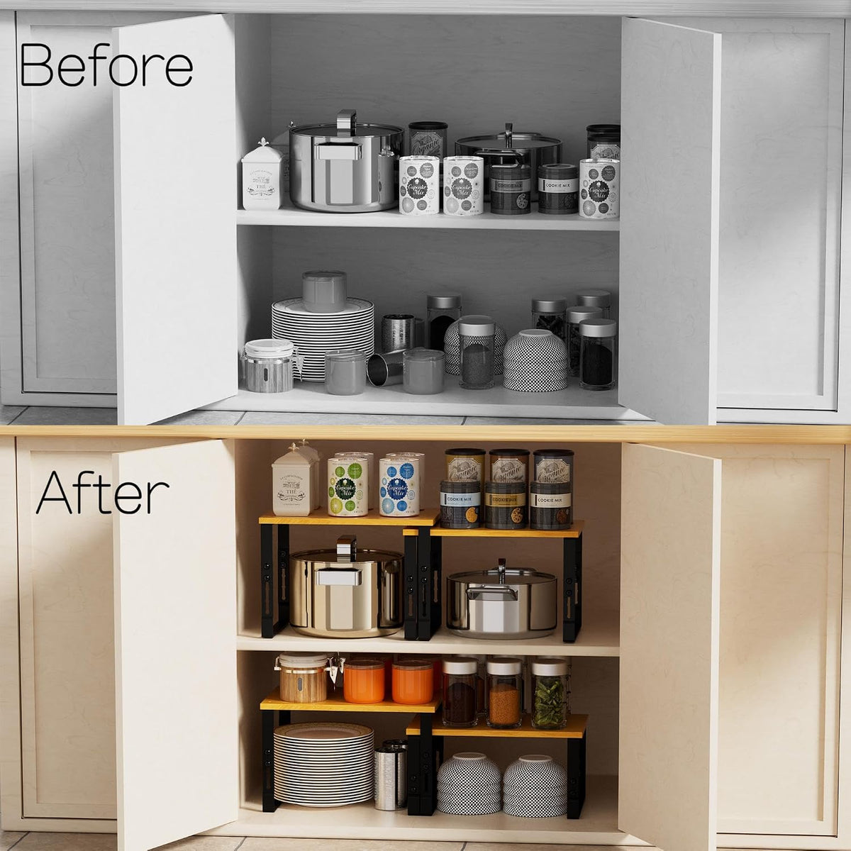 Adjustable Storage Shelves for Kitchen Cabinet Organization - Set of 2 Stackable Metal & Solid Wood Racks, Space-Saving Design for Countertop/Pantry/Garage, Easy Assembly(2 Packs/Medium/Black)