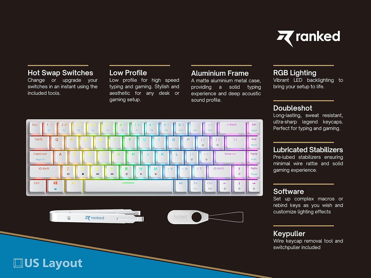Ranked G65 Guardian 65% | Full Aluminum Frame | Ultra Slim Hot Swappable Mechanical Gaming Keyboard | 68 Keys Multi Color RGB LED Backlit for PC/Mac Gamer (White, Gateron Low Profile Brown)