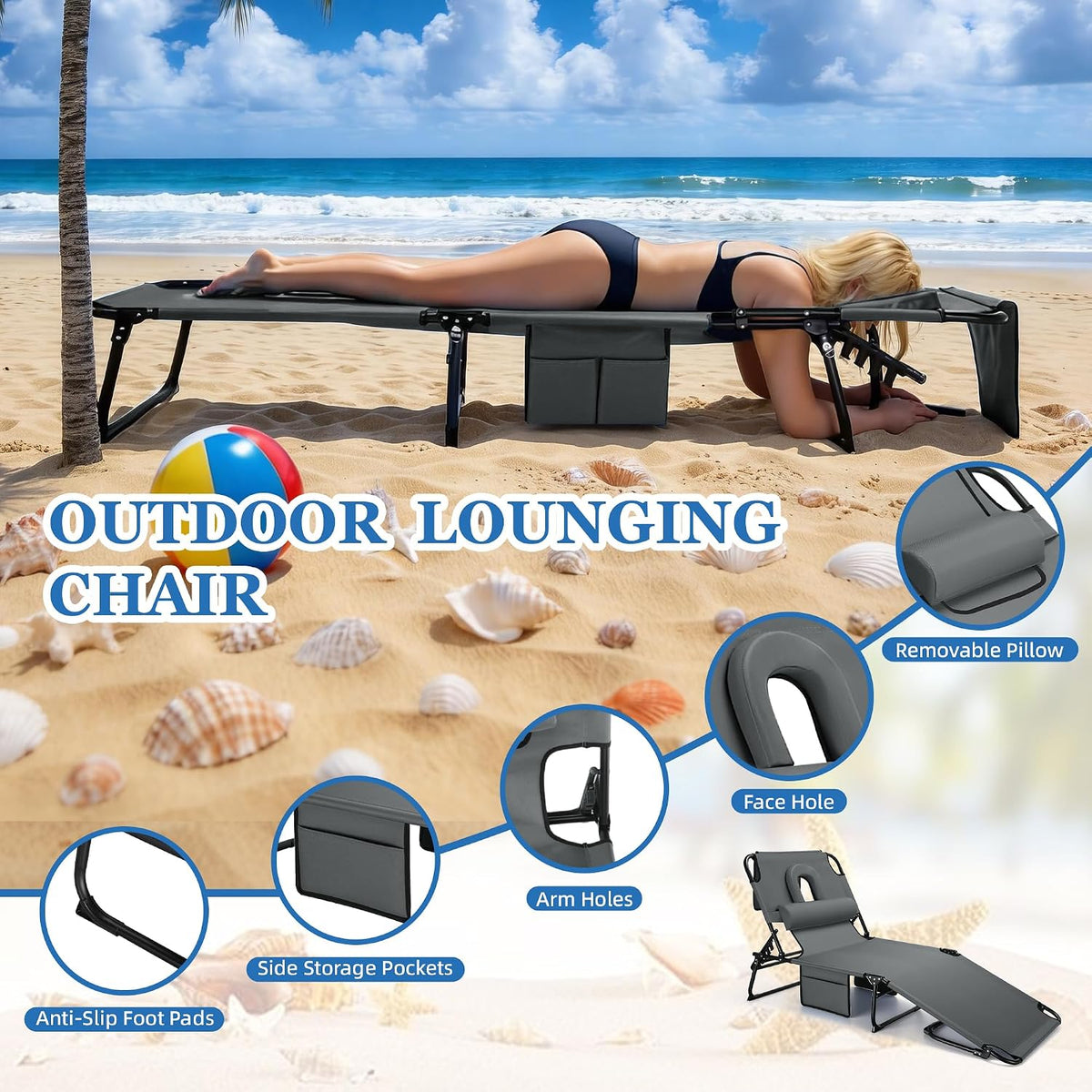3-in-1 Sun Tanning Chair Outdoor Folding Chaise Lounge for Pool Beach, Grey