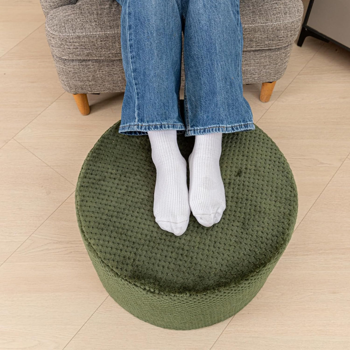 20"x14" Round Foam Stuffed Pouf Ottoman, Under Desk Footrest,Deep Green