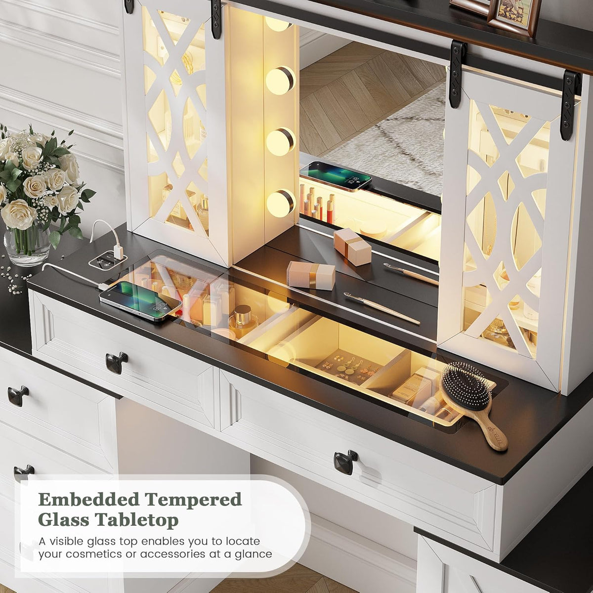 TAGELIER Farmhouse Large Makeup Vanity with Mirror & Lights