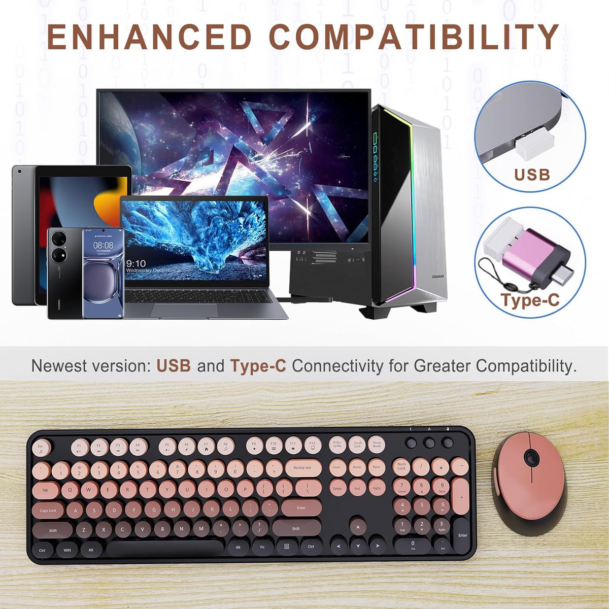 SkyGive Wireless Keyboard and Mouse Combo, Ergonomic Full Size Typewriter Retro Round Keycaps Keyboard, Compatible with Windows, PC, Perfect for Home and Office Keyboards (Aurora Red)