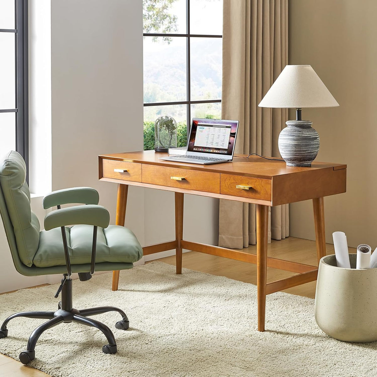 HULALA HOME 47" Writing Desk with 3 Drawers, Wood Office Desk with USB Charging Staion, Vintage Office Desk with Cable Management(Acorn)