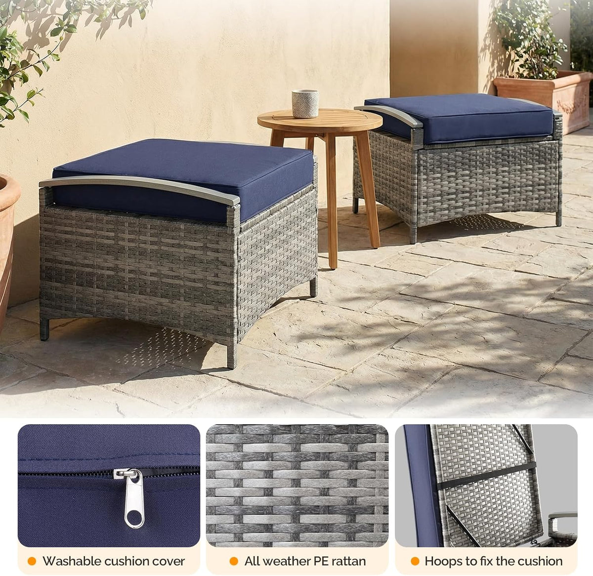 VINGLI 2 Pieces Rattan Ottoman with Storage, Wicker Patio Furniture w/Removable Cushion, Multipurpose Footrest Stool for Outdoor (Classic Gray)