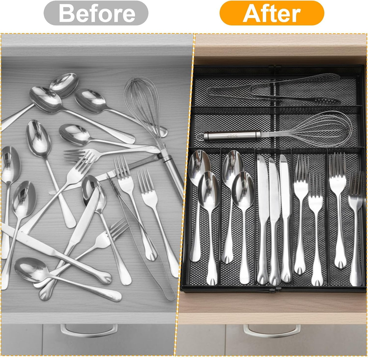 1 Pcs Utensil Drawer Silverware Organizer, Metal Mesh, Black