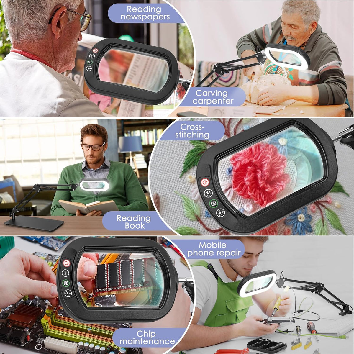 Drdefi 12X Square Magnifying Glass with Light and Stand, Real Glass LED Lighted Magnifier, 5 Color Modes Stepless Dimmable, Hands-Free Mag Desk Lamp with Clamp for Reading Craft Hobby Close Work Black