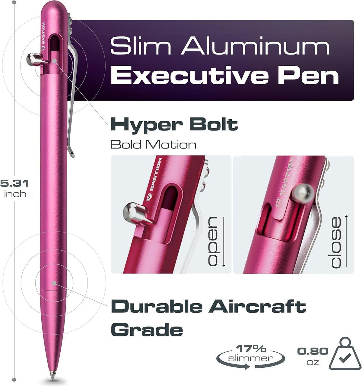 BASTION Slim Aluminum Bolt Action Pen, Stylish Pens for Women, Pink EDC