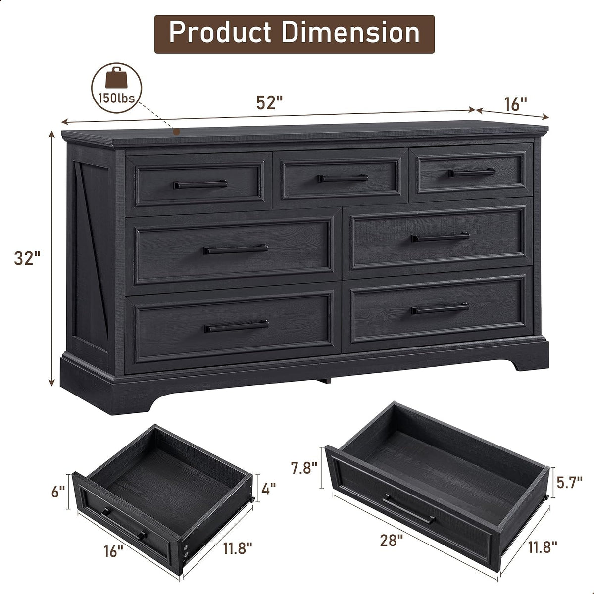 ACCOHOHO 7 Drawer Dresser, 52" Wide Farmhouse Chest for Bedroom, Black