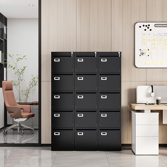 File Cabinets - 5 Drawers Vertical 17.8" Deep Lockable Filing Cabinet - Black & Gray Metal Storage Cabinets for Home Office to Hanging Files Letter/Legal/F4/A4 Size