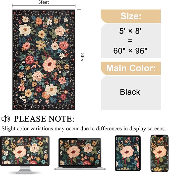DUKINO 5x8 Area Rug for Living Room, Washable Lightweight Non Slip Floral