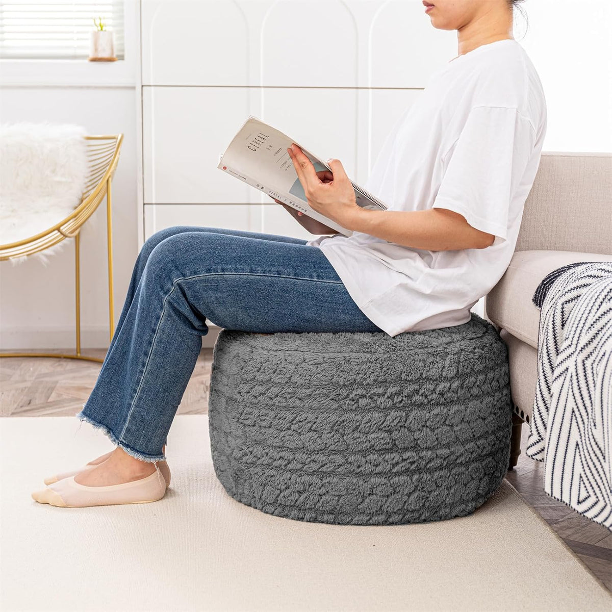 Poofieotto Ottoman Foot Rest,Pouf Foot Stool,Bean Bag Ottoman,Grey,20x14 in