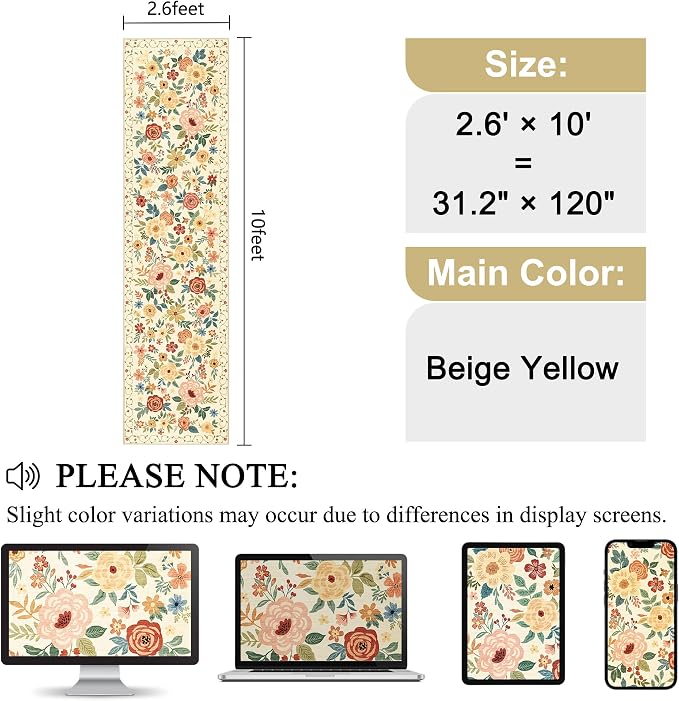 DUKINO Runner Rug for Hallway, 2.6x10 Washable Floral Long Kitchen Rug