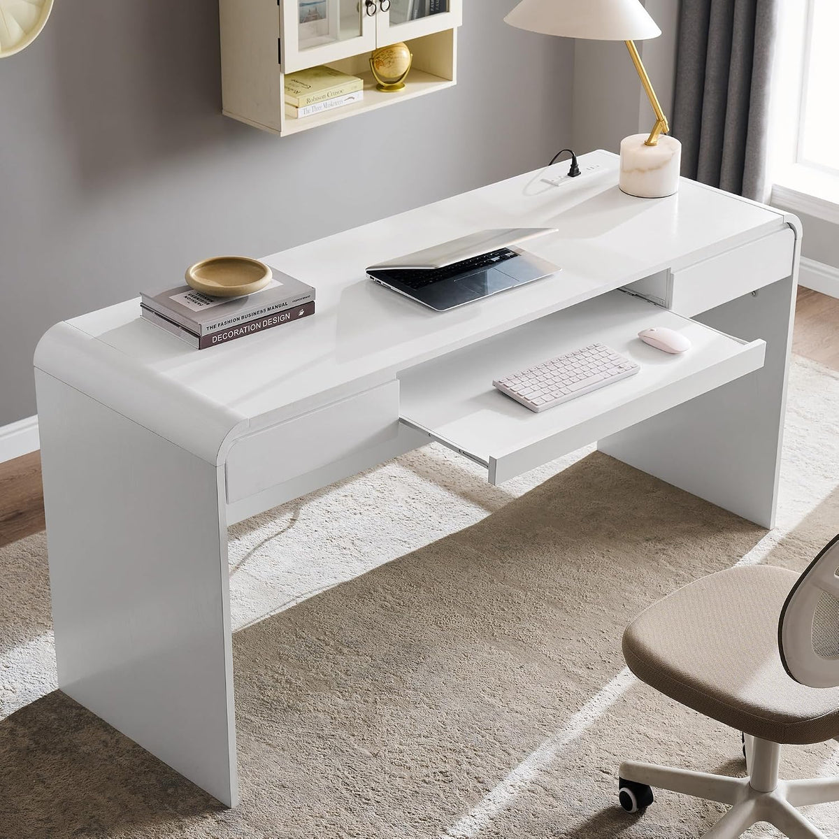 63" Modern Computer Desk with 2 Drawers, Wood Curved (White)