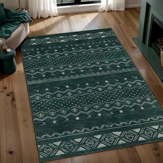 SERISSA 3x5 Area Rugs for Living Room, Washable Non-Slip Dark Green Small Boho