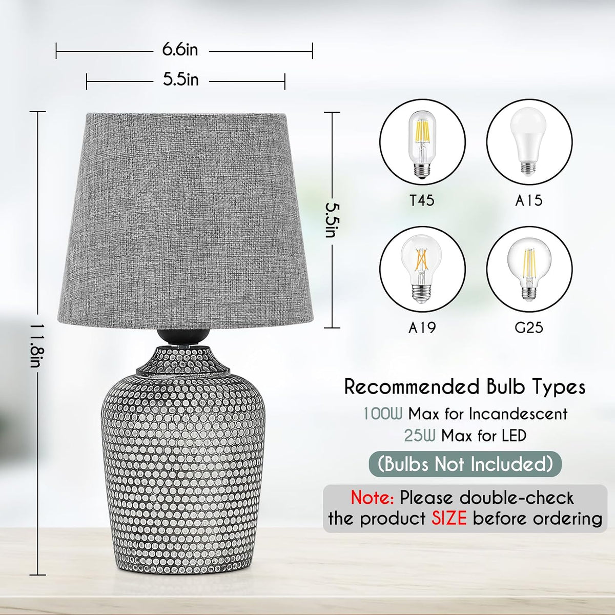 11.8’’ Small Table Lamps Set of 2 for Bedroom Kid’s Room Home Office, Gray