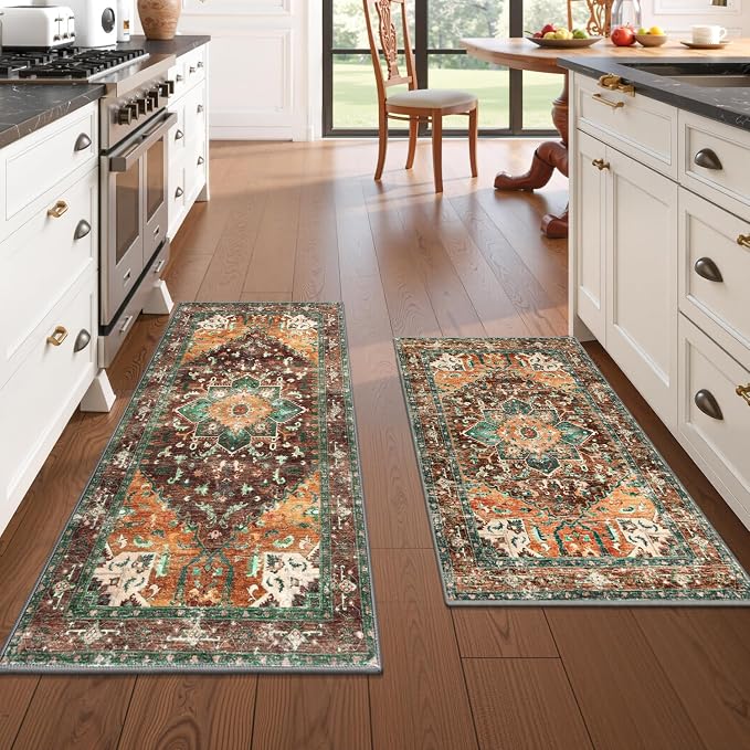 Yamaziot Washable Kitchen Runner Rug Set of 2, Non-Slip Boho Vintage Hallway